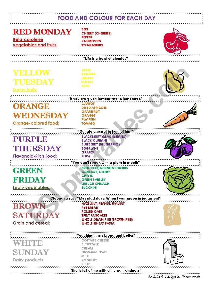 FOOD AND COLOUR FOR EACH DAY worksheet