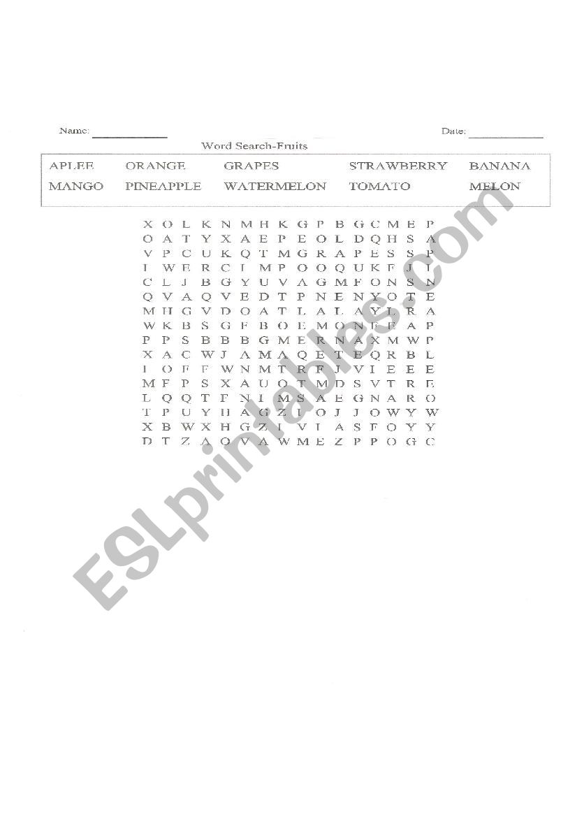 Word Search-Fruits worksheet