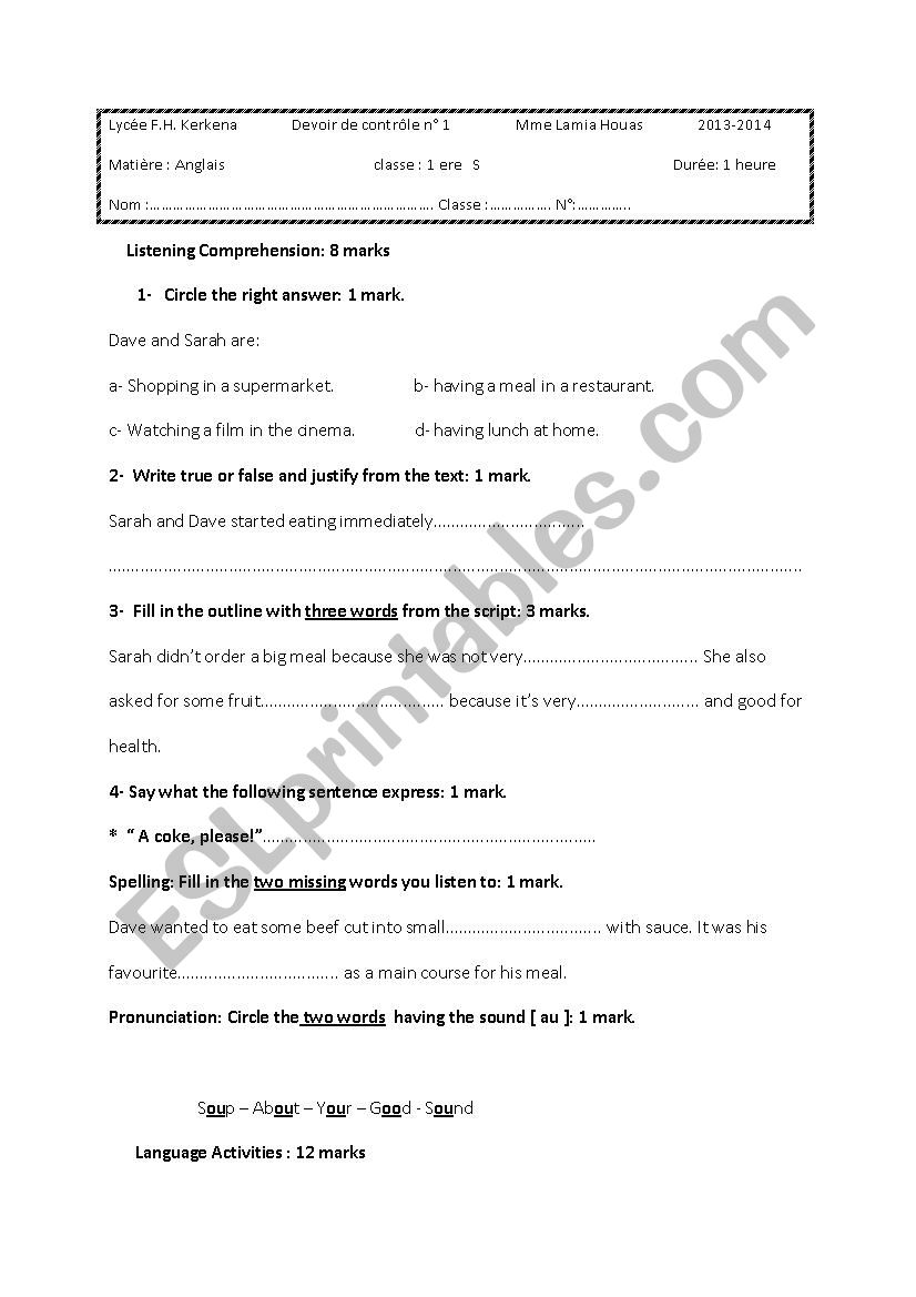 DEVOIR DE CONTRÖLE N° 1 201302014 - ESL worksheet by lallouna