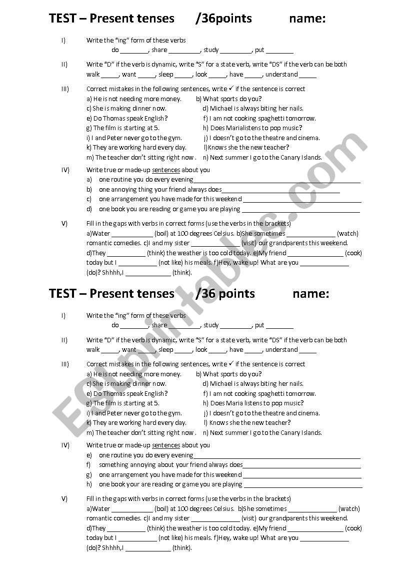 Present Tenses Test - ESL worksheet by techonis