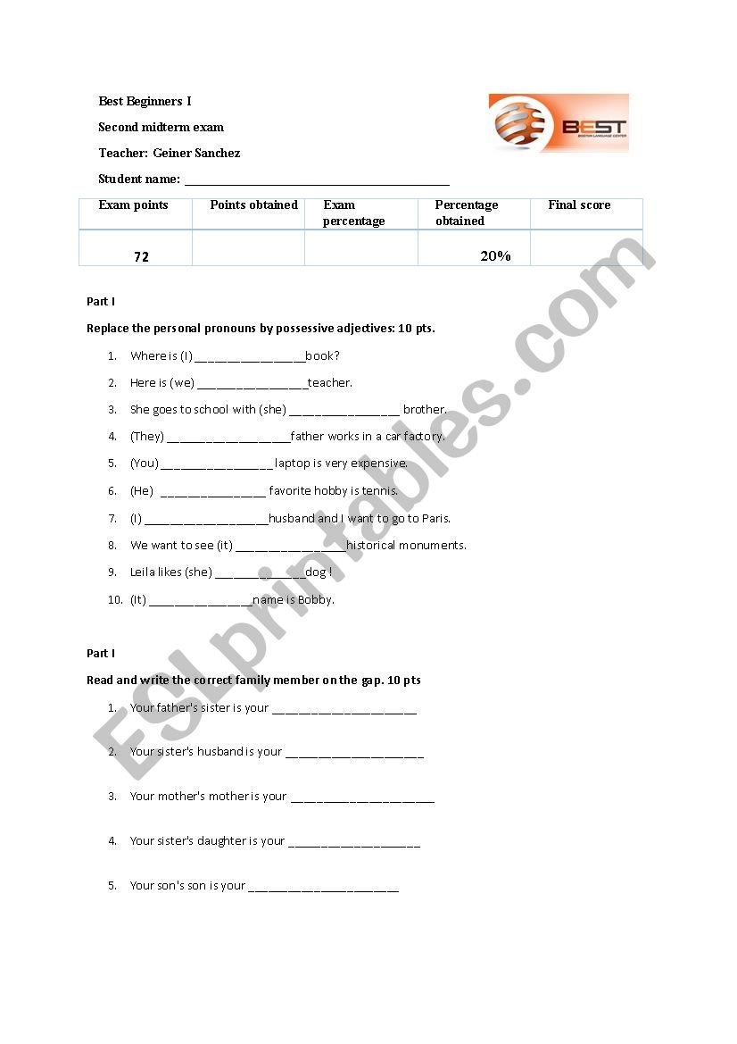 esl test worksheet