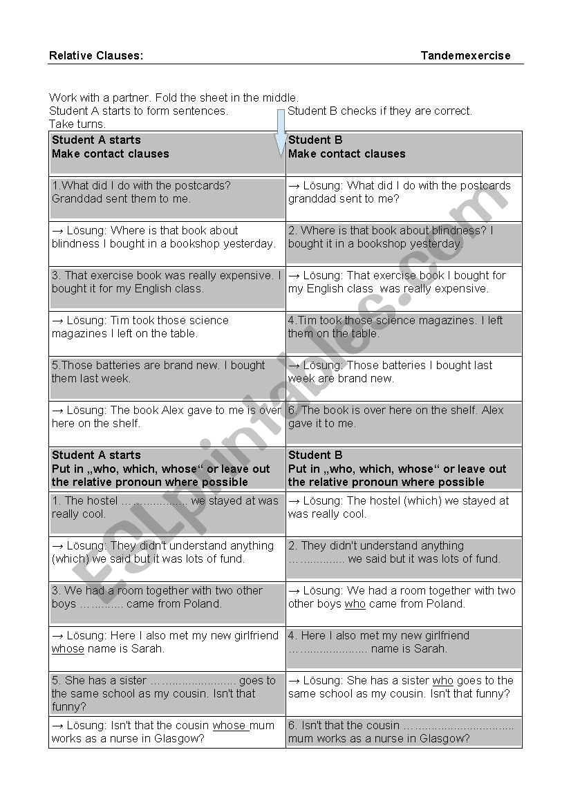Relative Clauses - Speaking exercise (Partner)