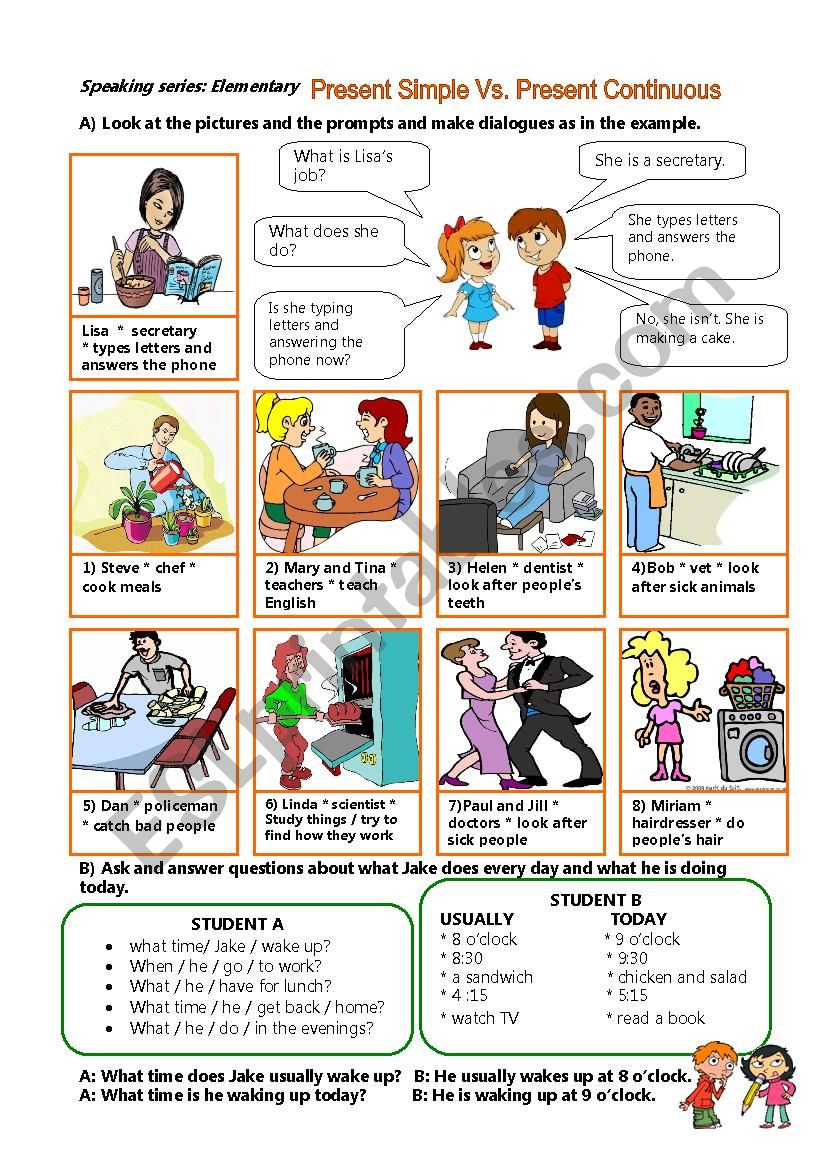 Speaking Series Elementray Present Simple Vs Present Continuous ESL Worksheet By Vickyvar