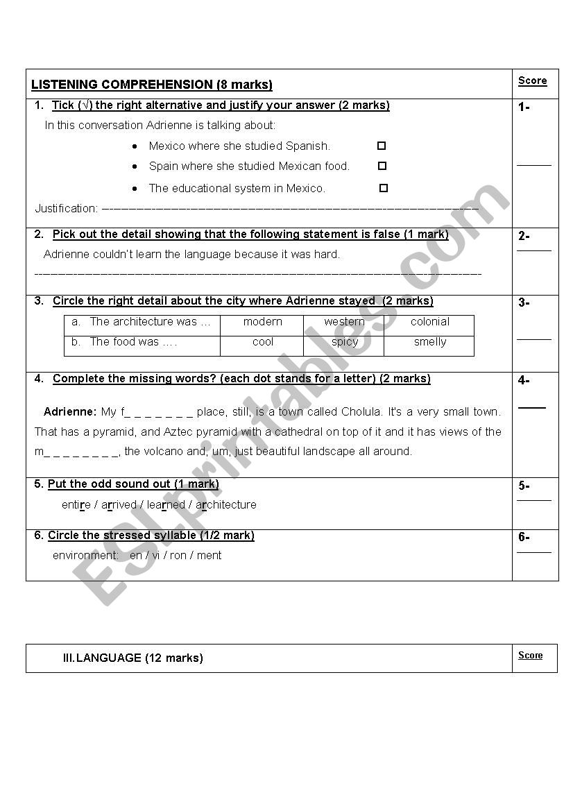 test for elementary level worksheet