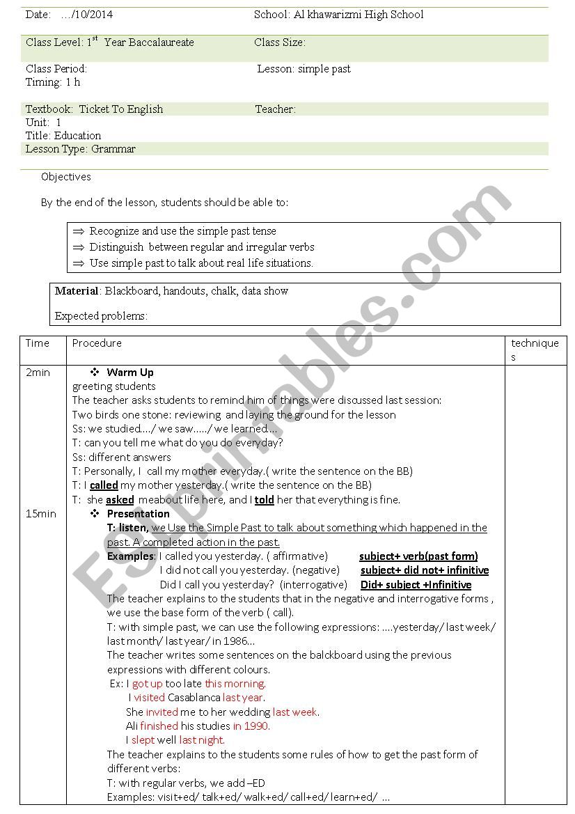 Lesson Plan For Teaching Simple Past Tense ESL Worksheet By Zouhair2010