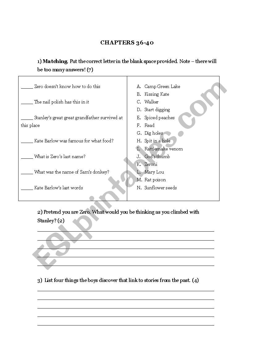 Holes (Louis Sachar) Study Guide - ESL worksheet by janejaggers