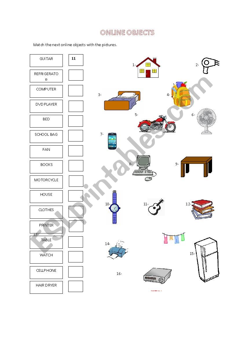 ONLINE OBJECTS worksheet