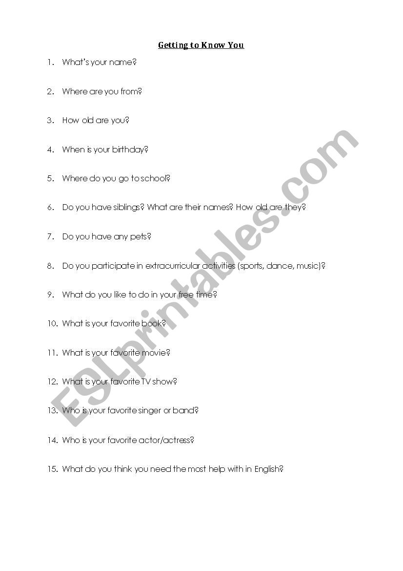 Getting to Know You worksheet