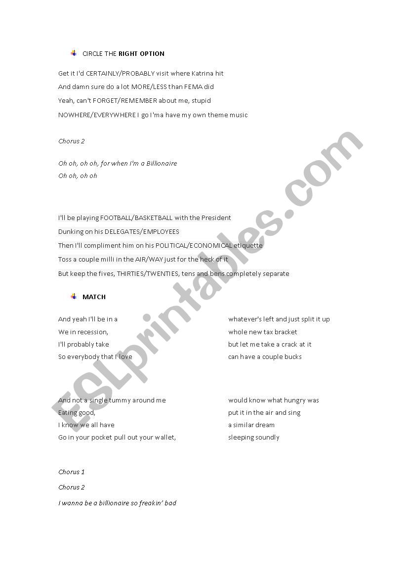 Travie Mccoy Feat Bruno Mars Billionaire Clean Version Lyrics Esl Worksheet By Iheartenglish91