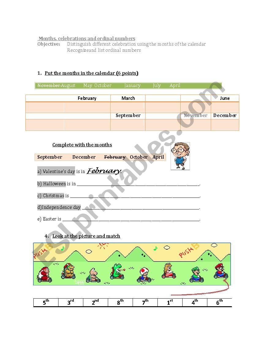 ordinal numbers, month and celebrations