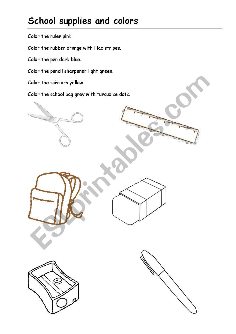 School supplies and colours worksheet