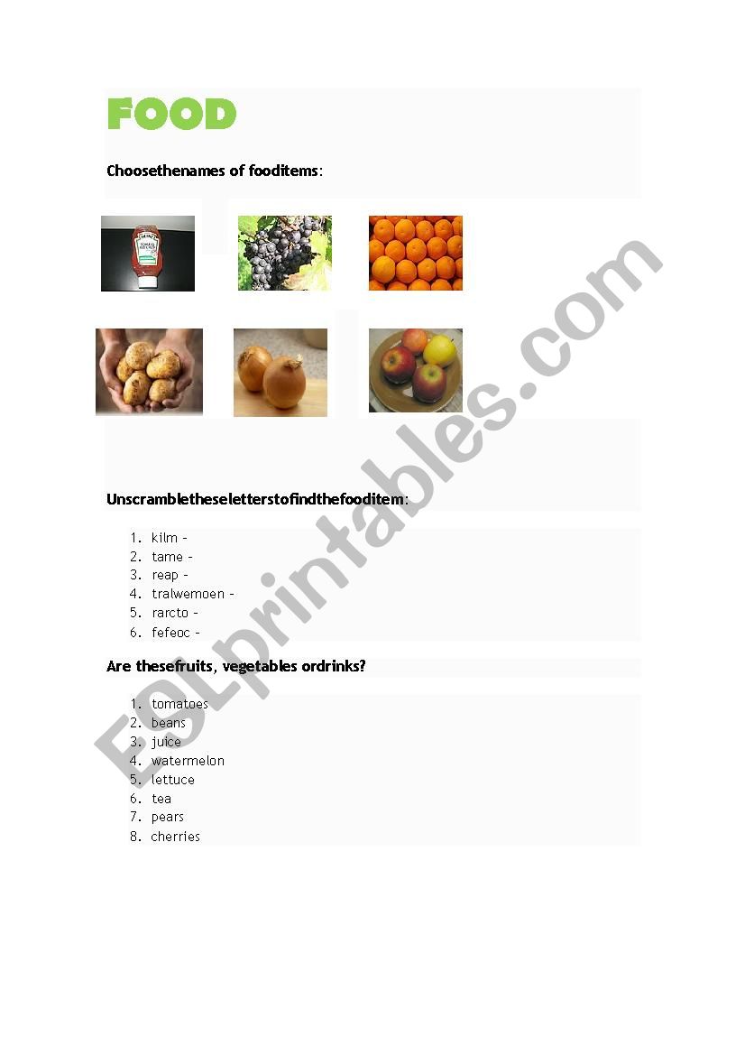 Food vocabulary activities worksheet