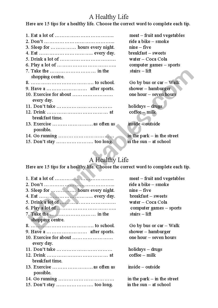 Healthy lifestyle worksheet