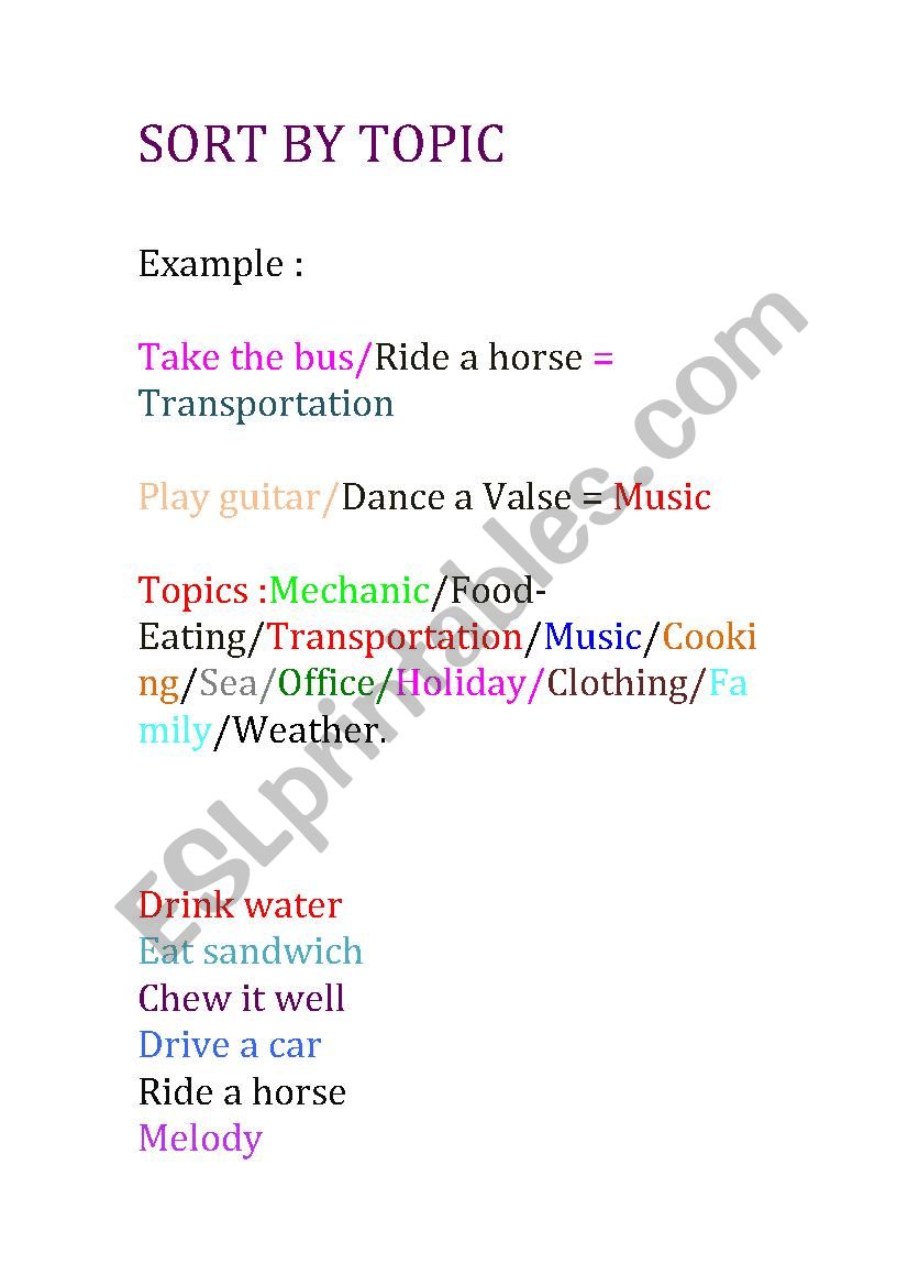 Sort by Topic worksheet