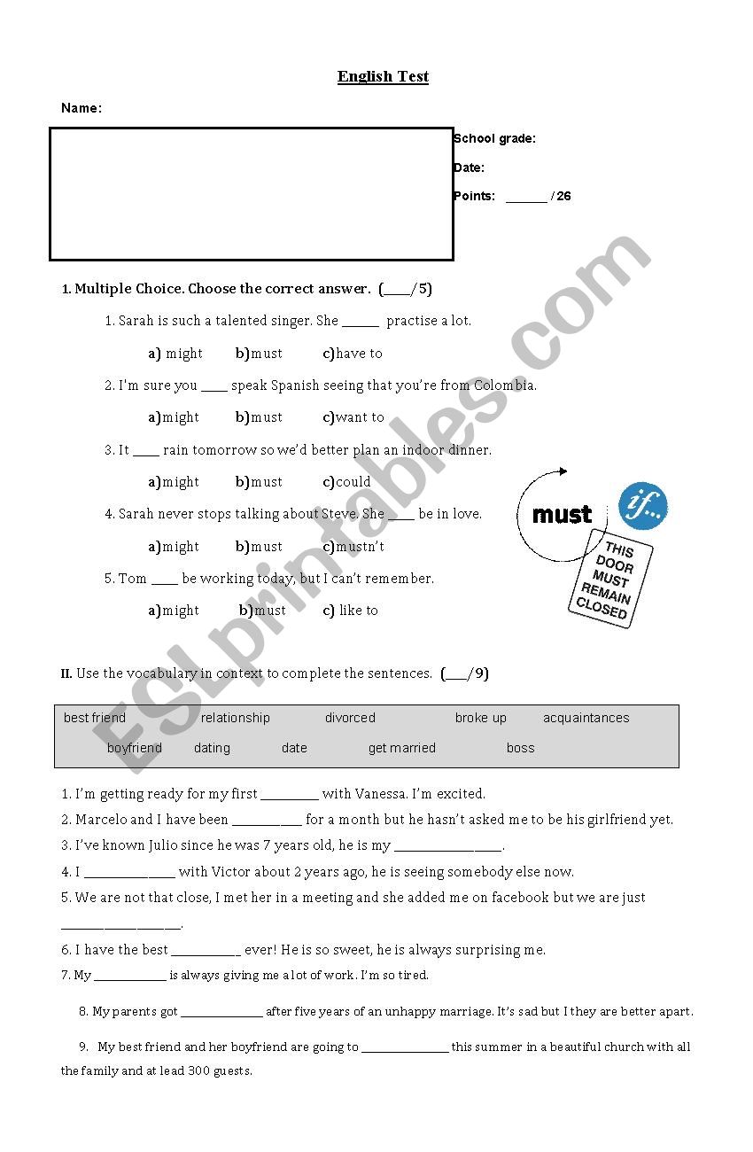 English Test - Must/Might/Relationship Vocab/Reading