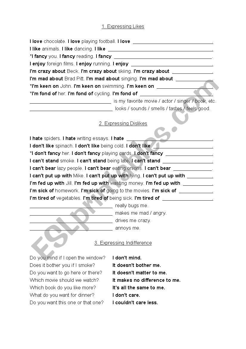 Likes-dilikes worksheet