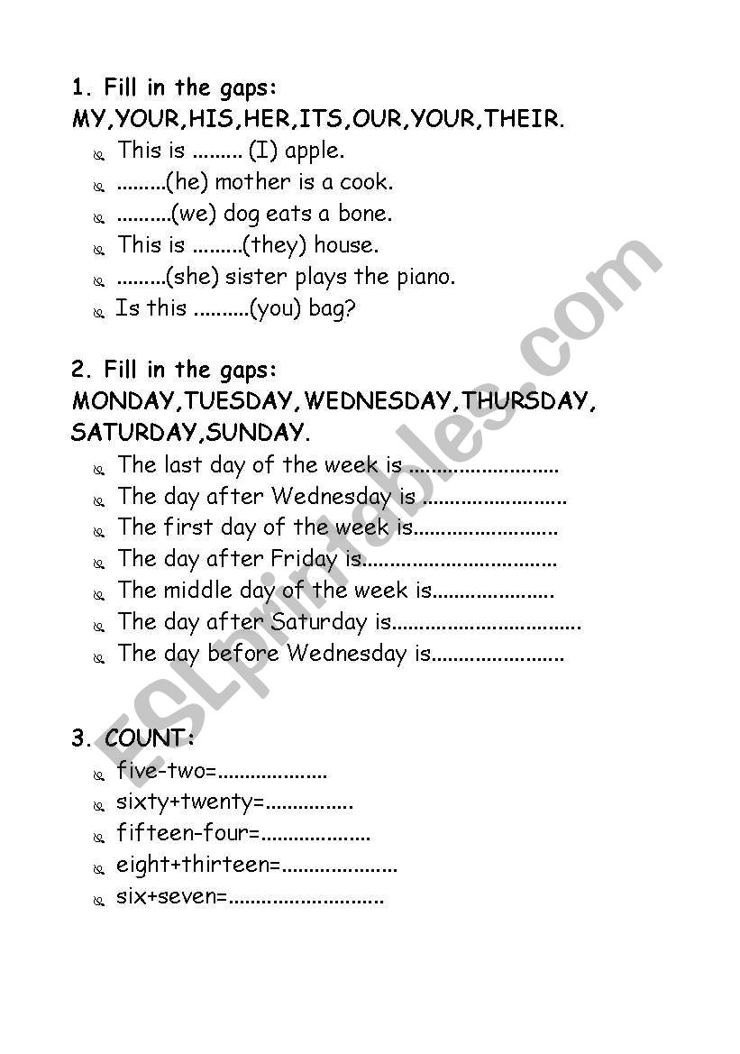 Numbers days possesive pronouns