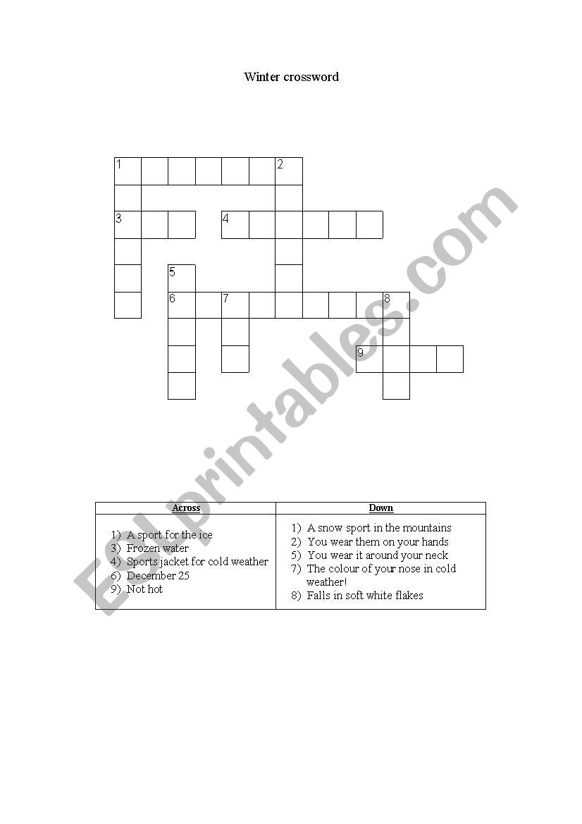 Winter crossword ESL worksheet by Pipis14