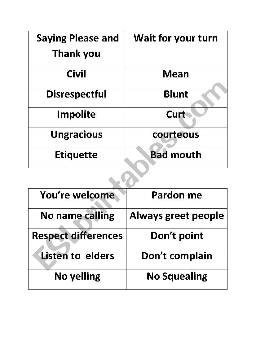 Good And Bad Manners Game ESL Worksheet By Vedh