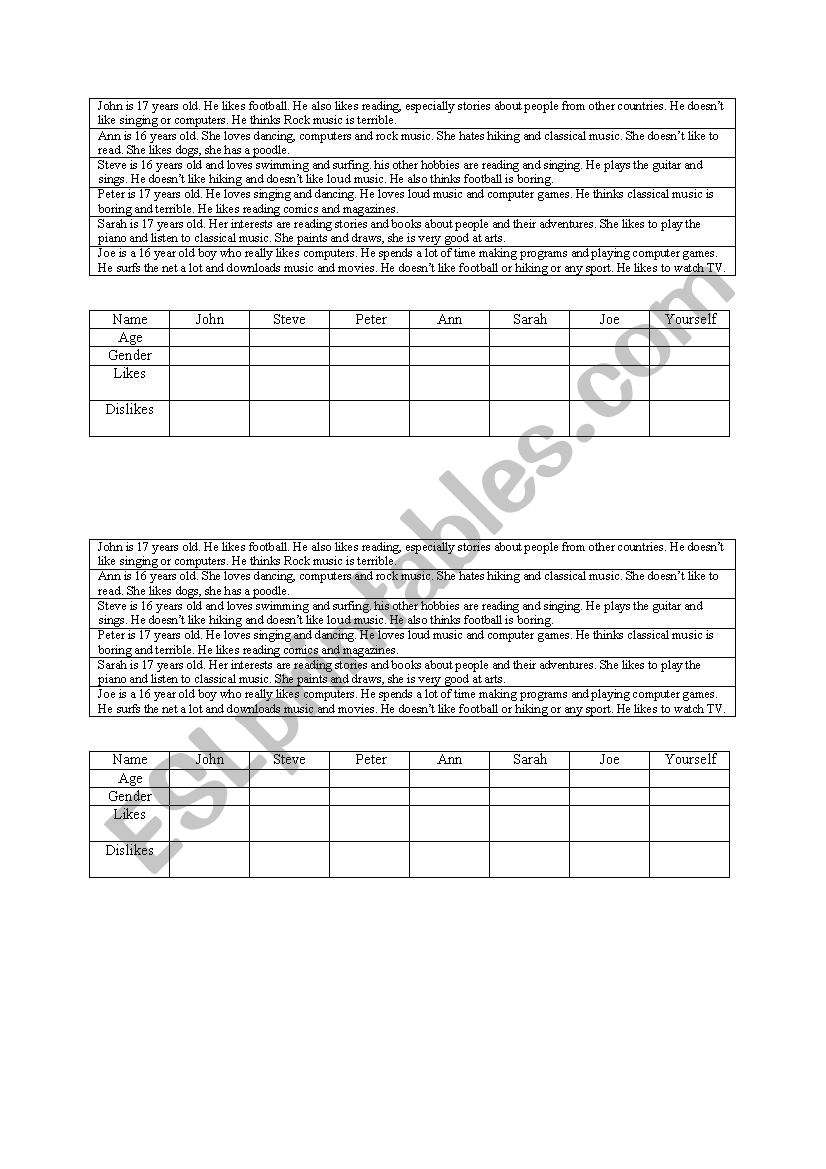 likes and dislikes worksheet