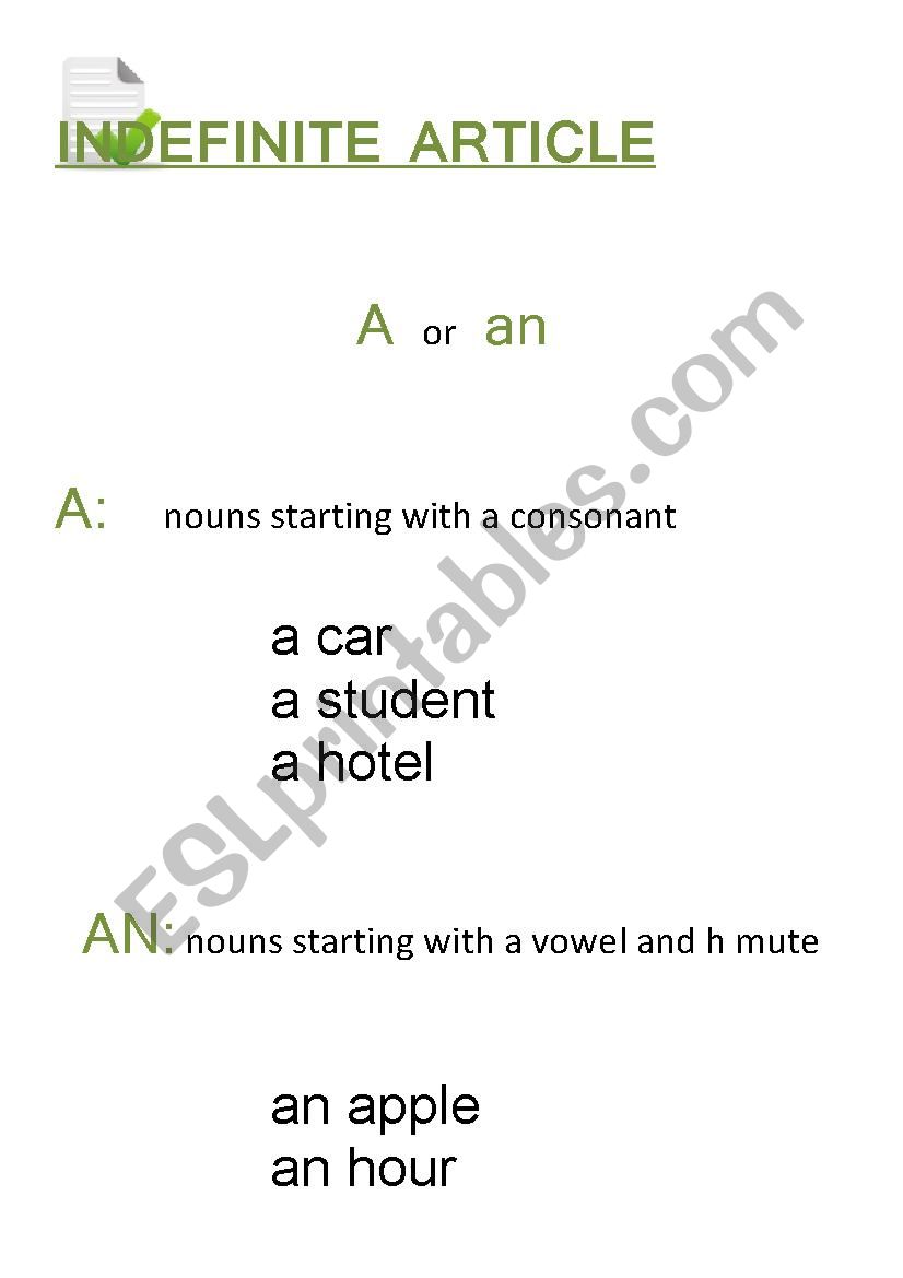 Indefinite Article worksheet