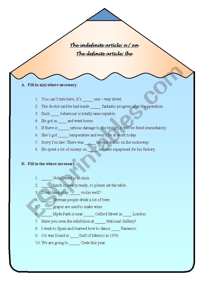 Articles worksheet