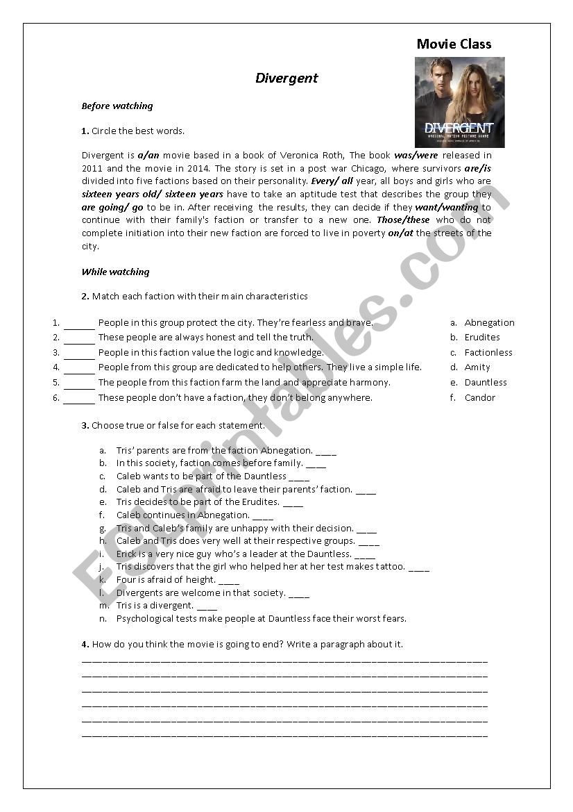 Divergent Movie Activity worksheet