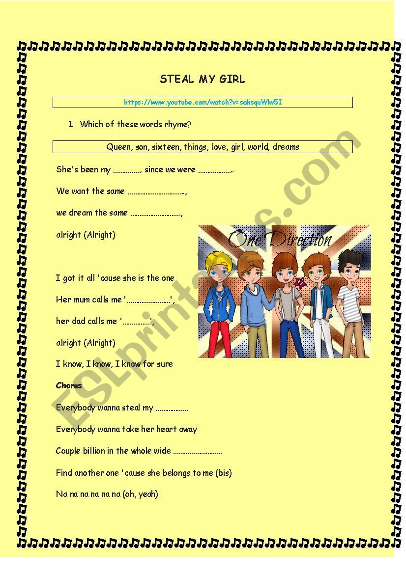 STEAL MY GIRL SONG worksheet