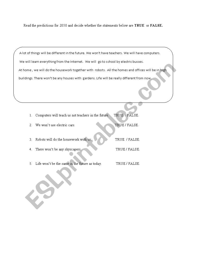 Future Tense will - wont  worksheet