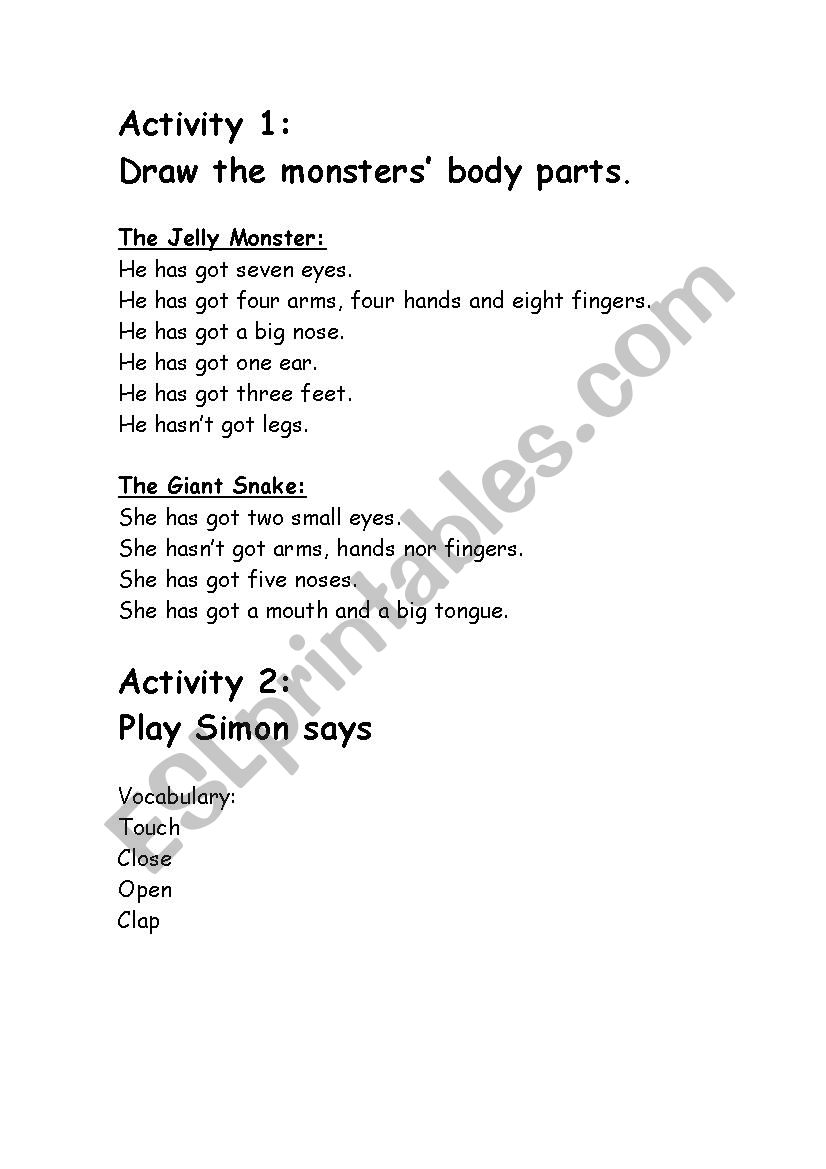 Monsters parts of the body worksheet
