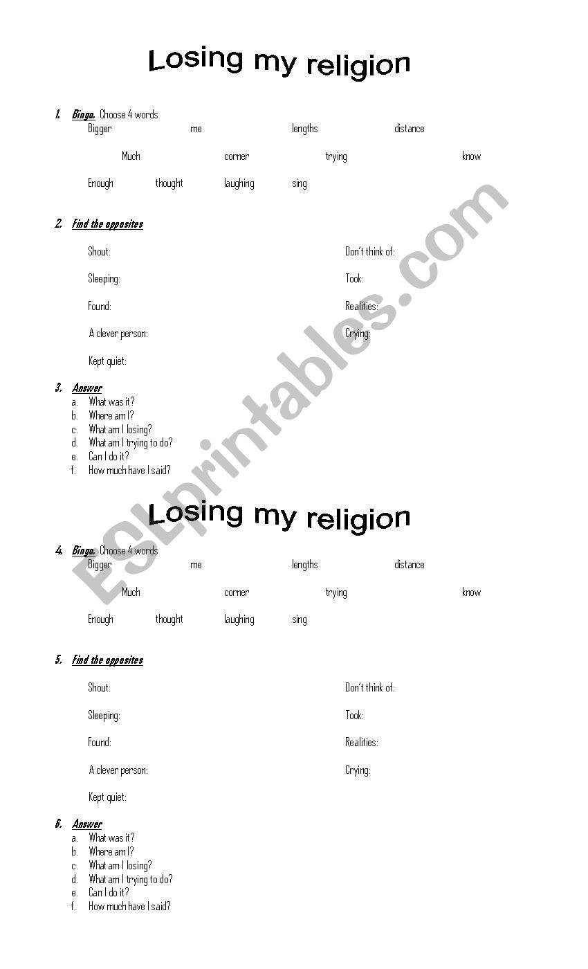 Losing My Religion Esl Worksheet By Malore