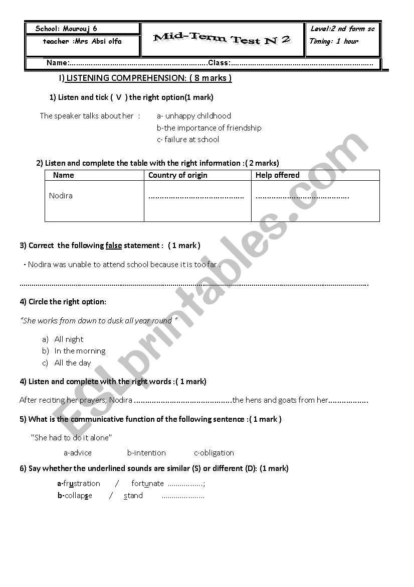 Mid-Term Test N2 worksheet