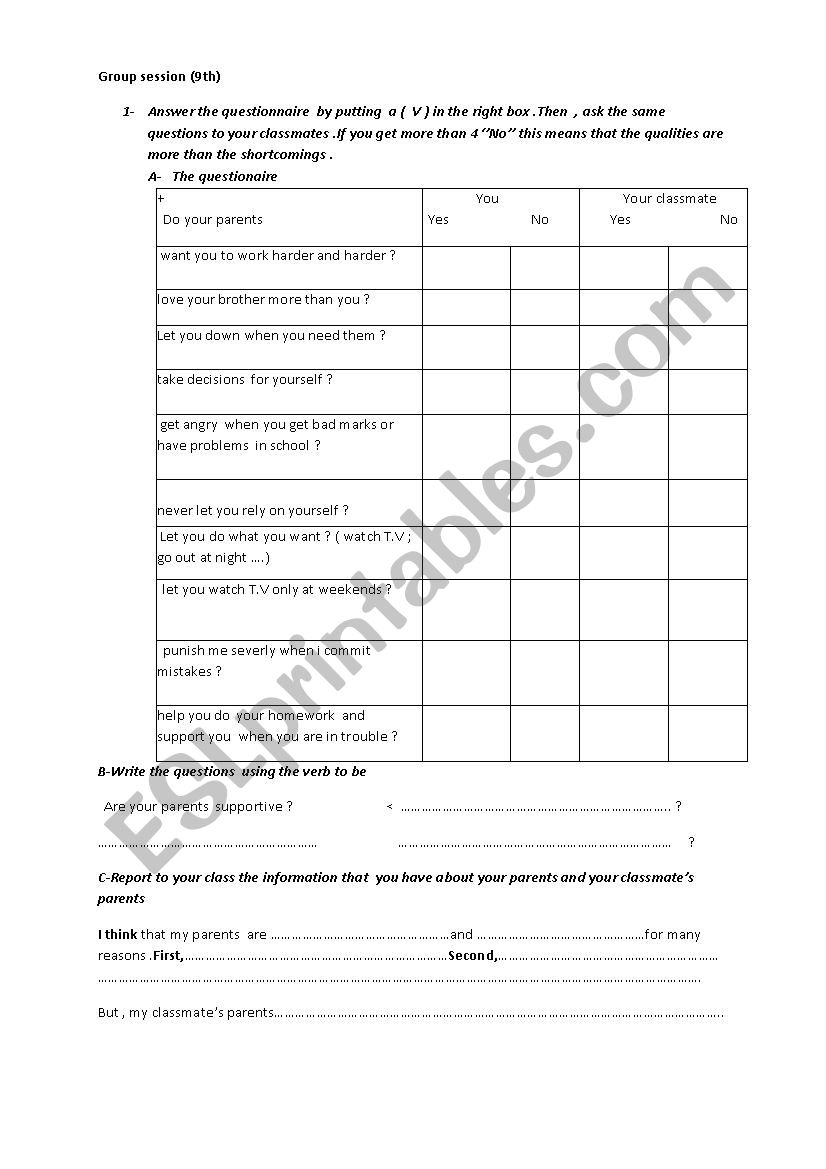    A group session  worksheet