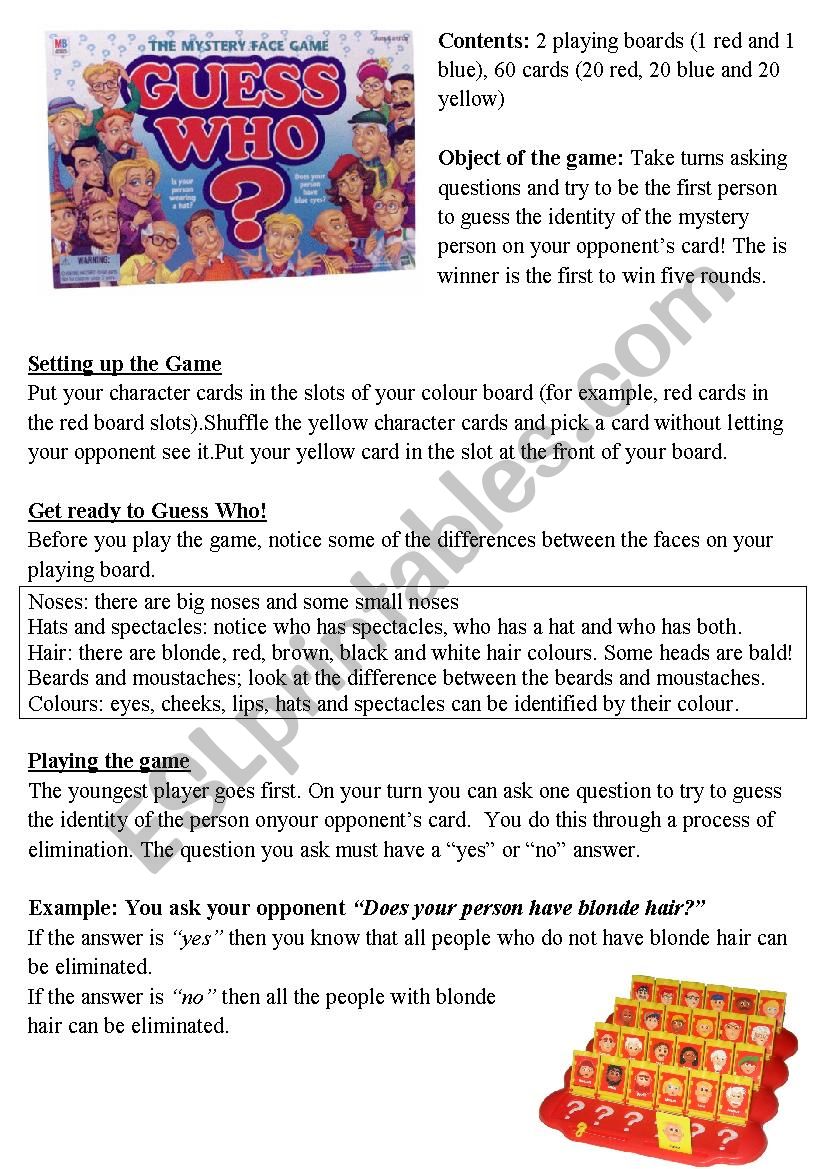 Guess Who Board Game Esl Worksheet By Reherh