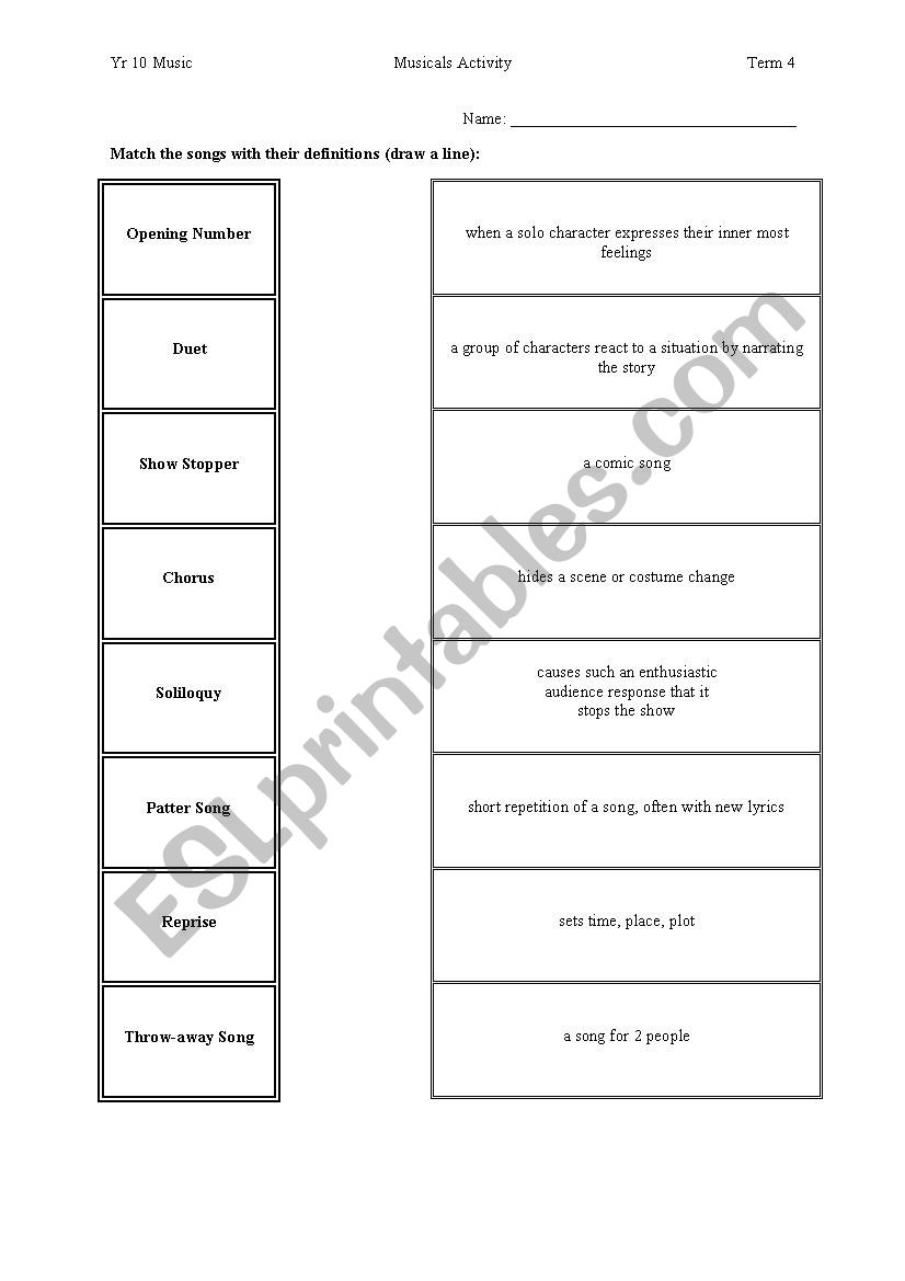 Musicals Match the Song Types worksheet