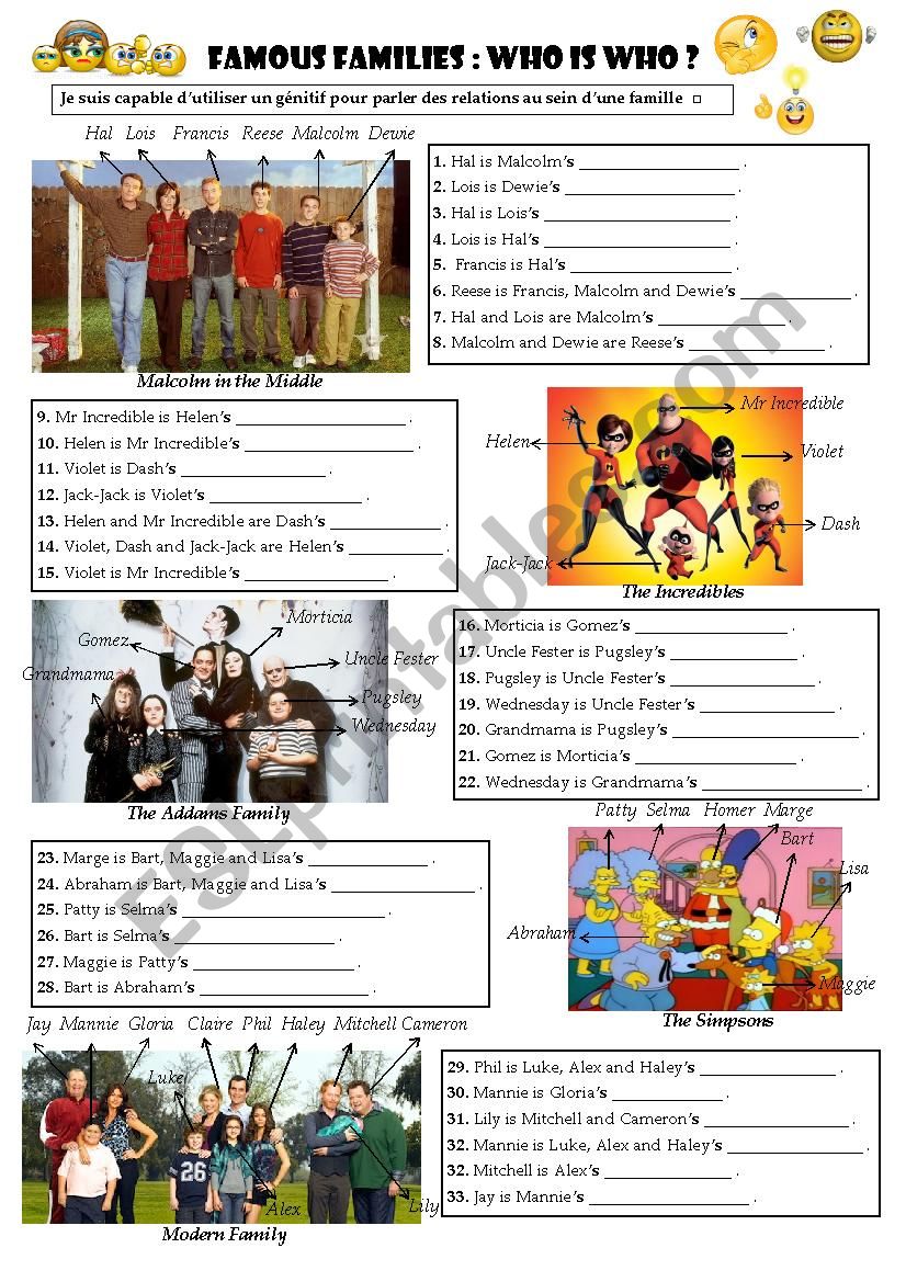 Famous Families: Who is who? (genitive form) - ESL worksheet by Linou_