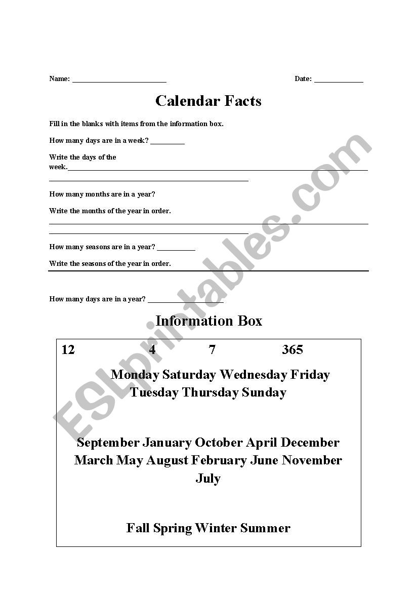 Calendar Facts worksheet