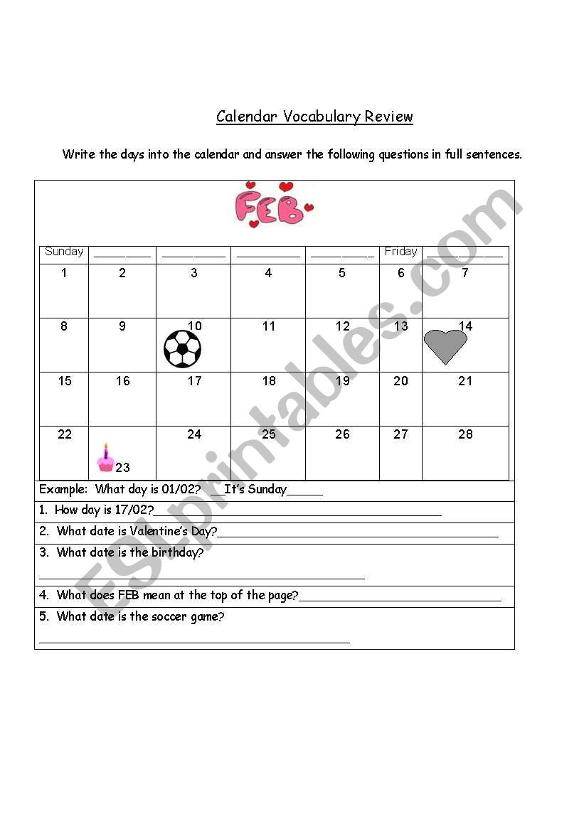 Calendar Review Exercise worksheet