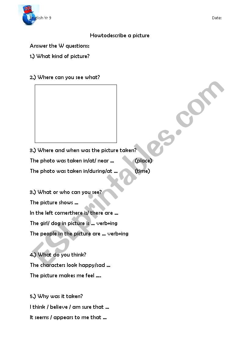 How to describe a picture  worksheet