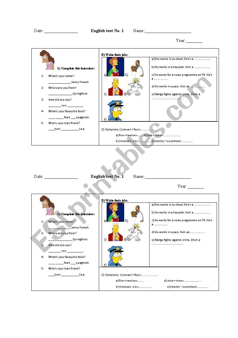 test (The Simpsons): Personal Information / Jobs / Numbers