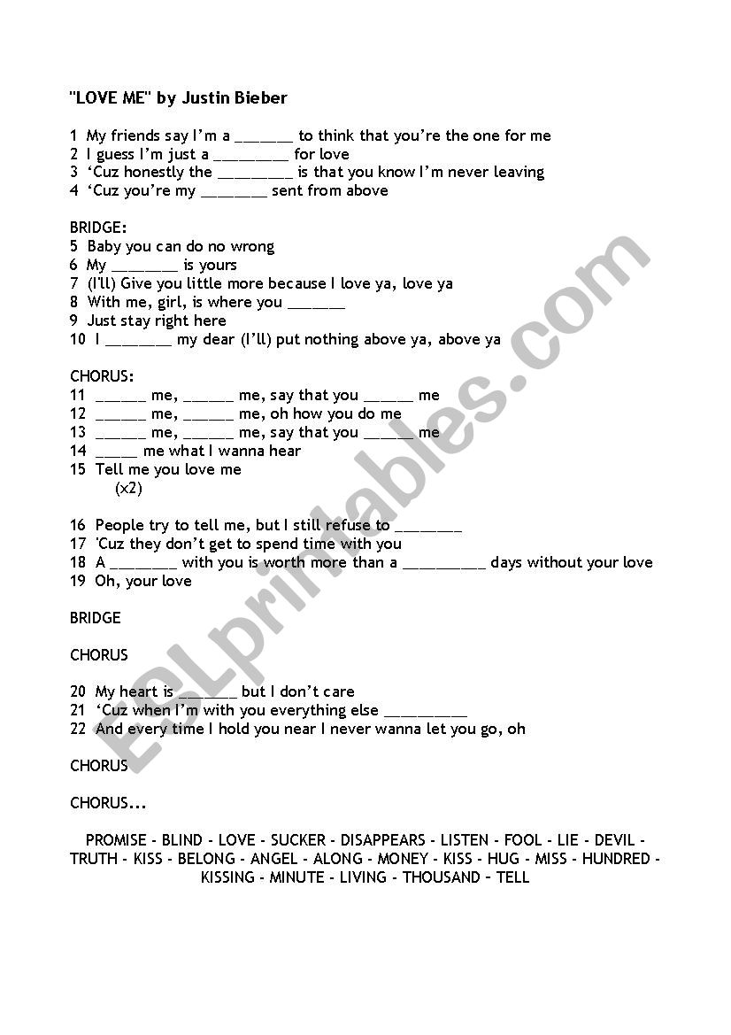 love me - Justine Bieber worksheet