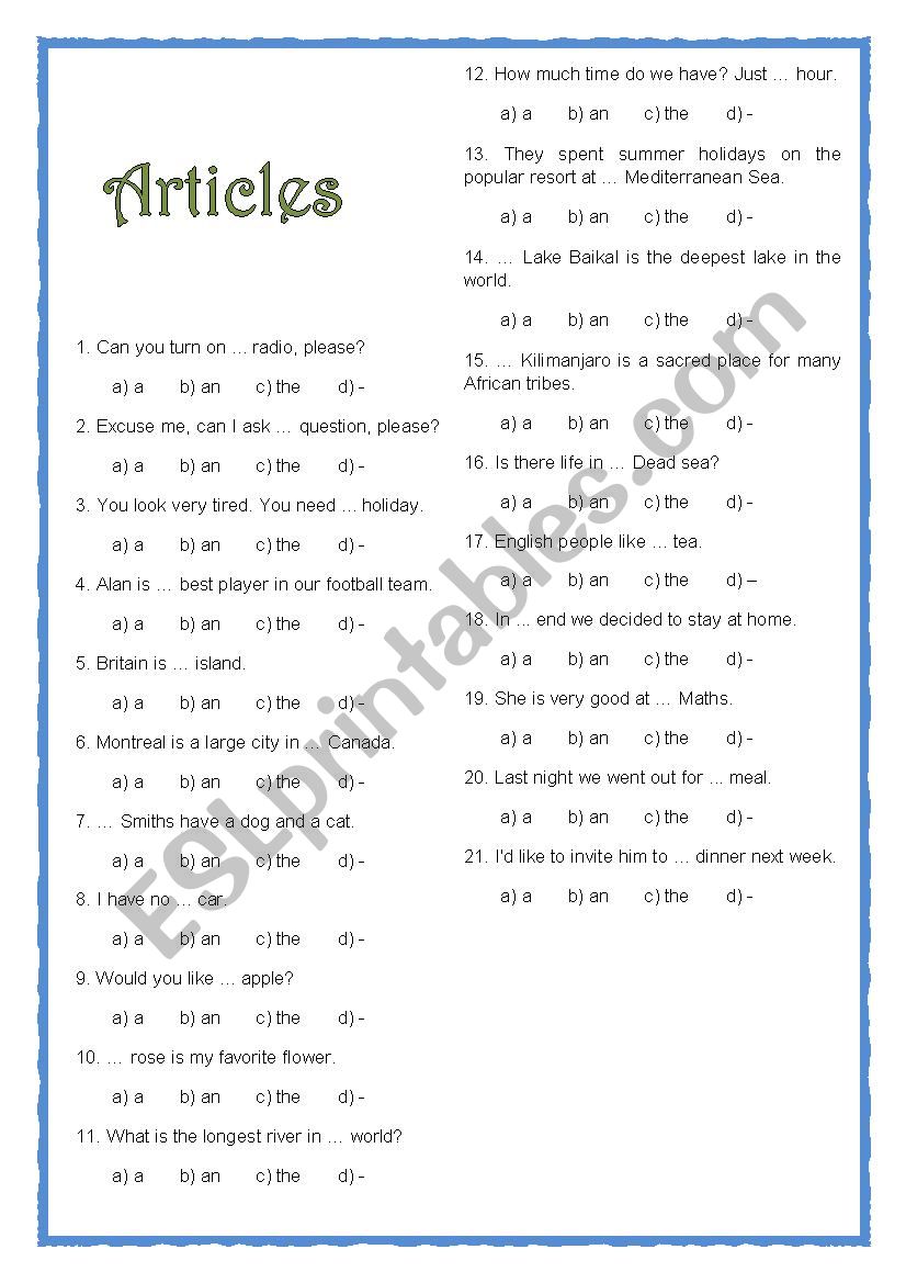 Articles worksheet