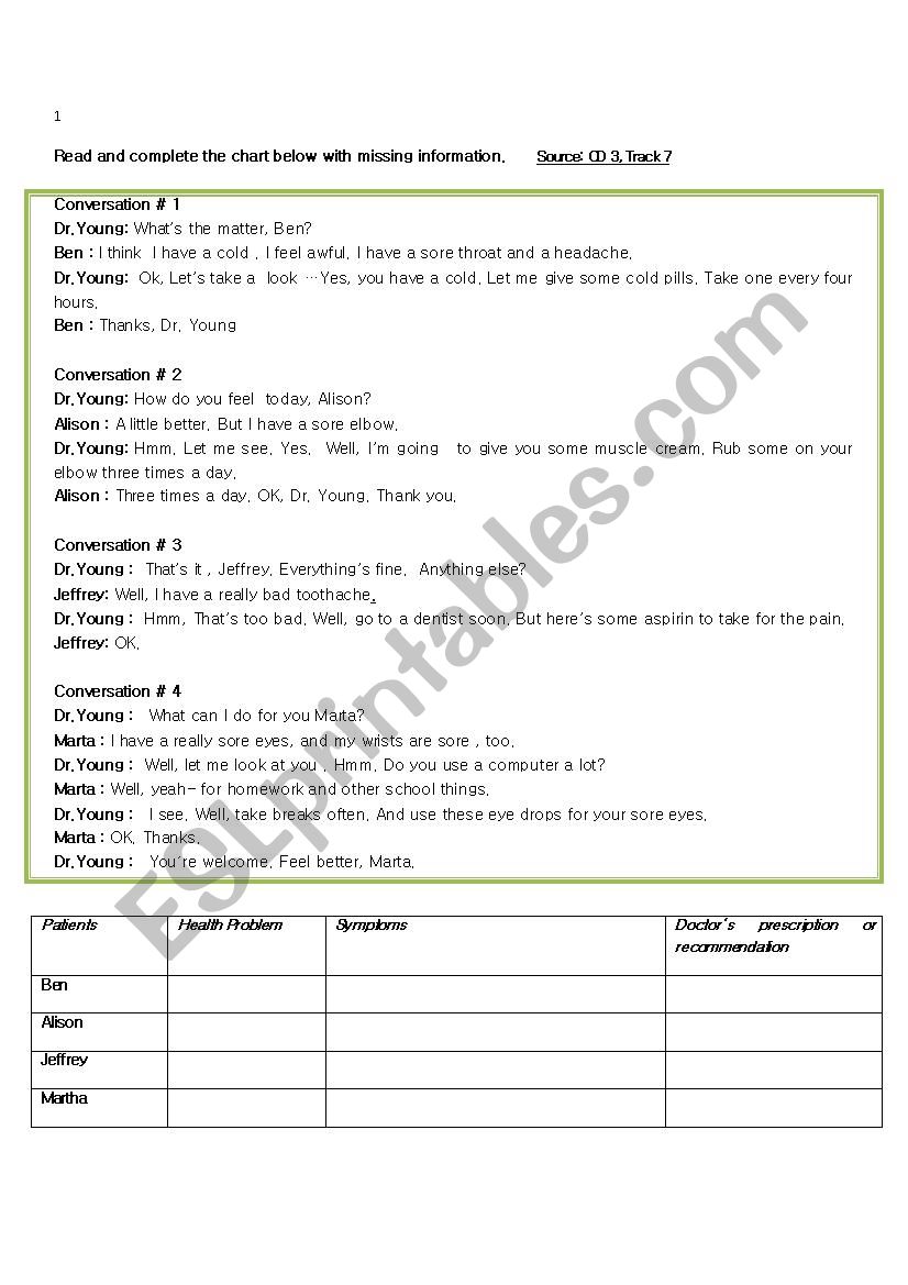 Health worksheet