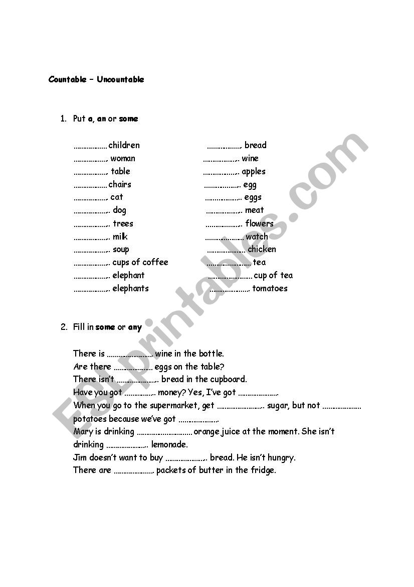 Countable-Uncountable nouns worksheet