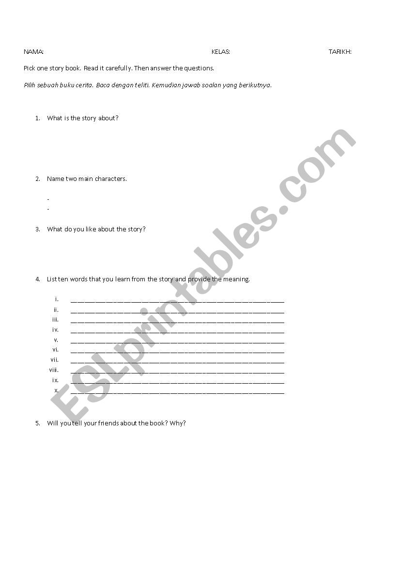 Book Review Worksheet worksheet