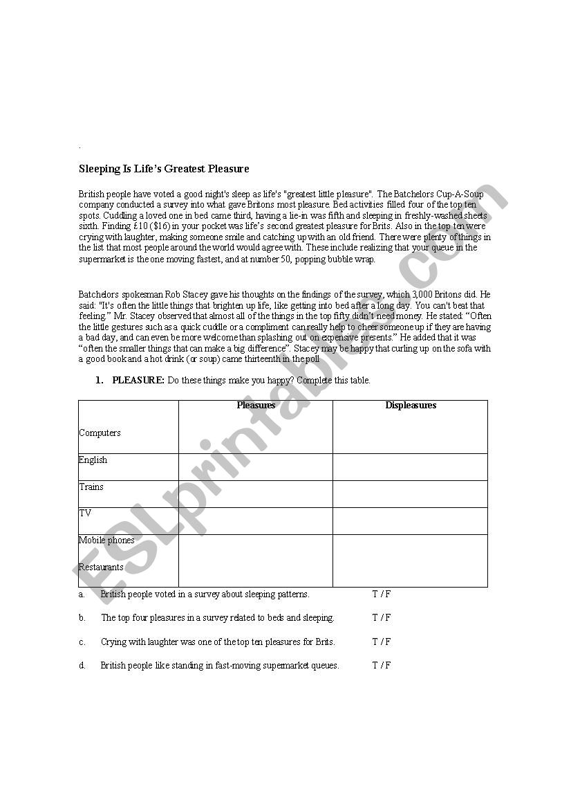 Sleeping worksheet