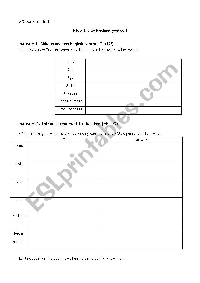 Introduce yourself worksheet