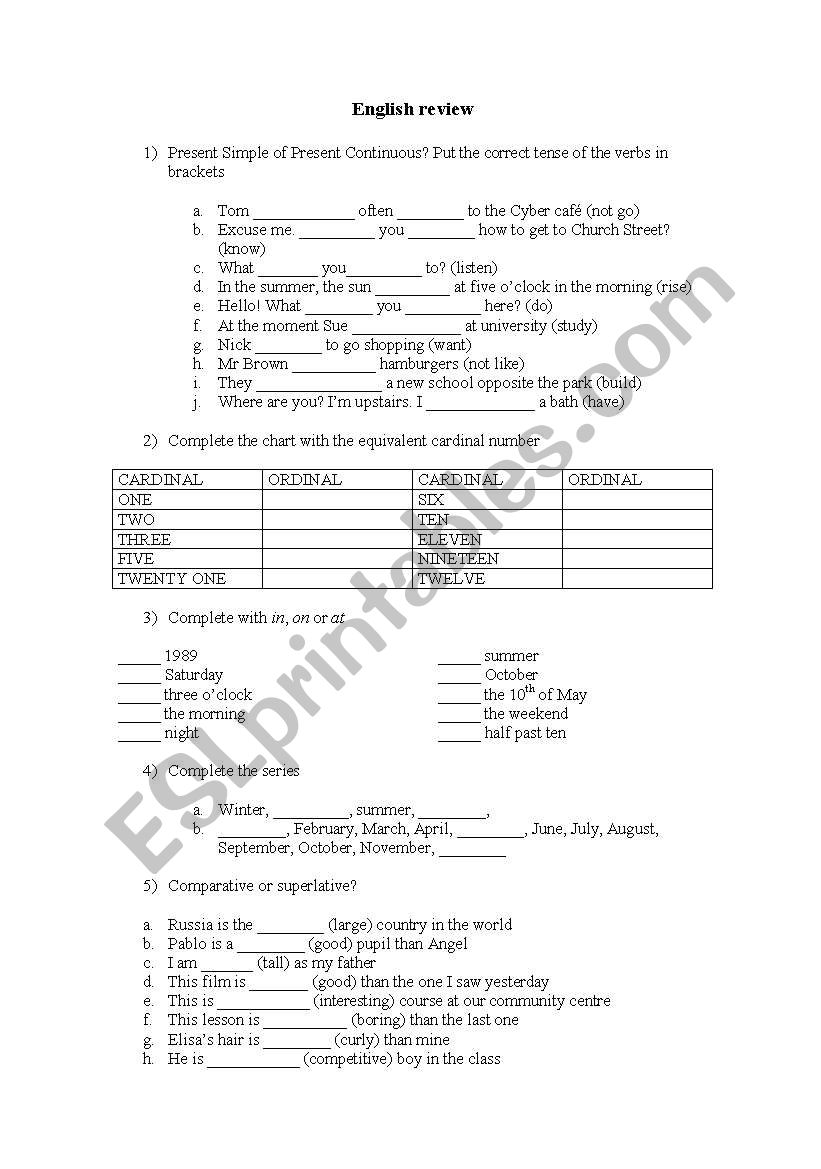 English review worksheet