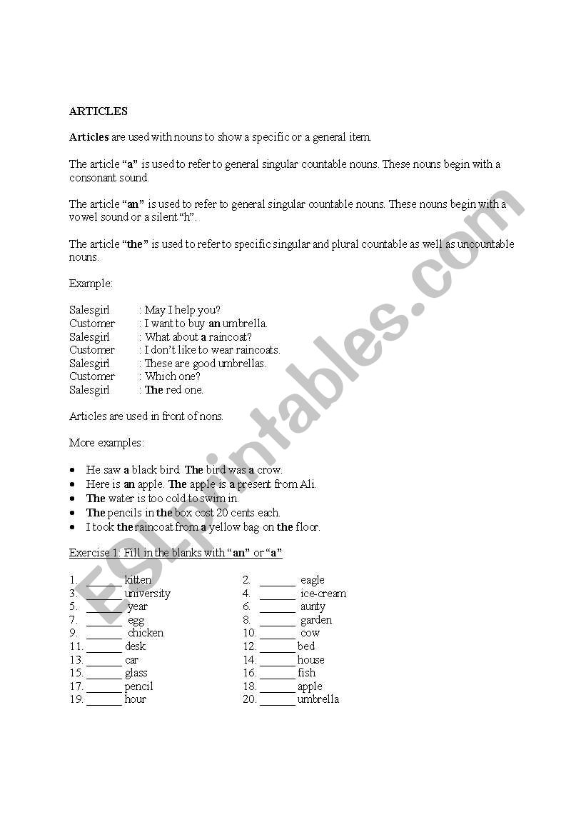 Articles worksheet