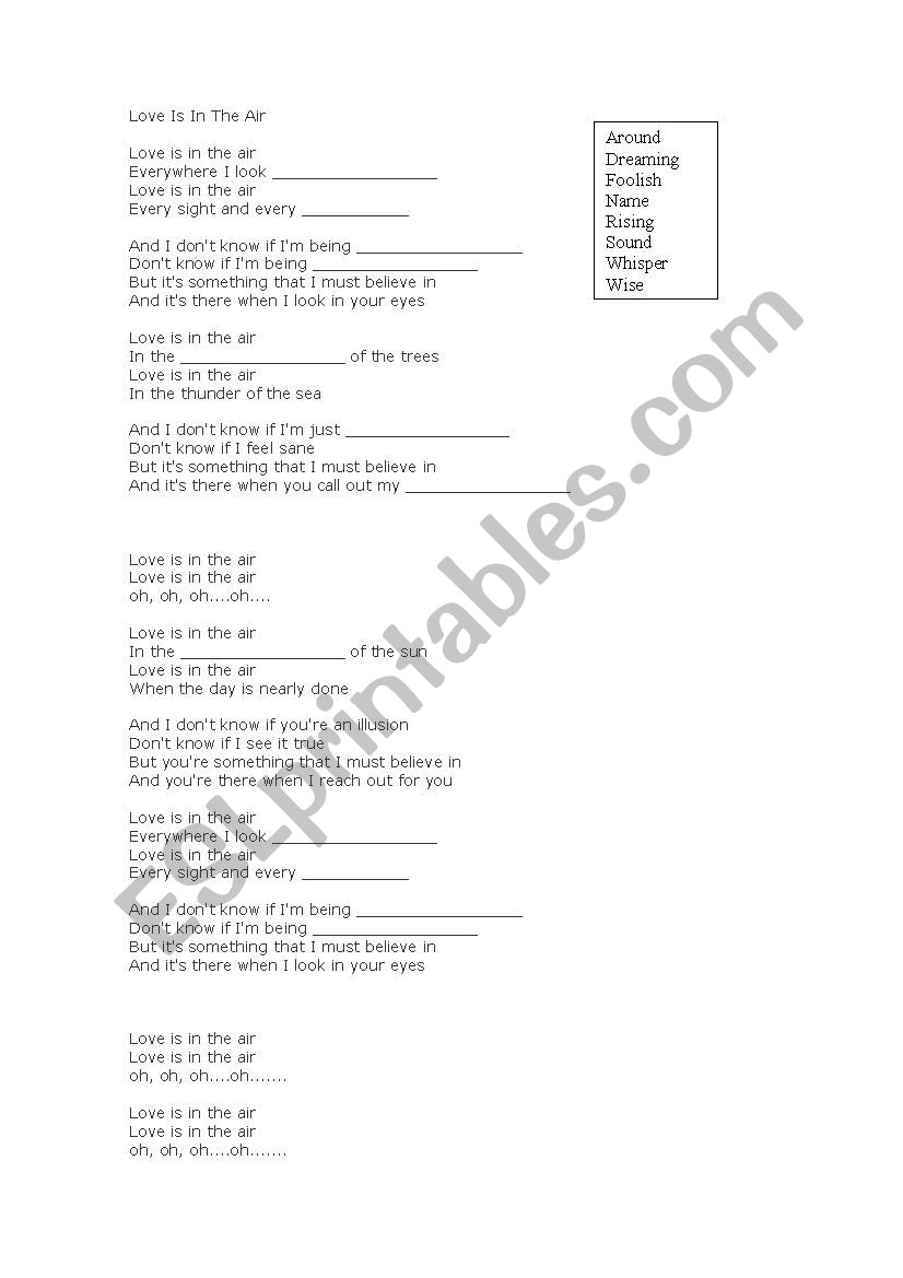 Love is in the air  Tom Jones worksheet